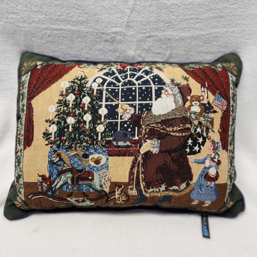 Dakotah Tapestry Throw Pillow Santa Folk Art Blue Back 16" X 12" Vtg